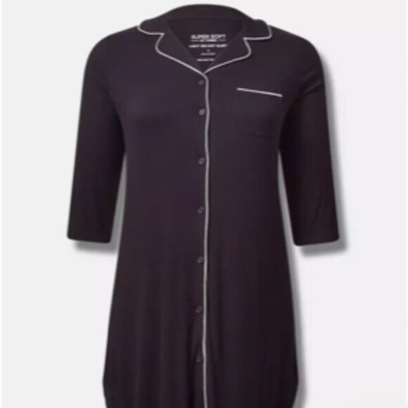 Super Soft by Torrid Rib Button Through Sleep Gown in Black with White Piping - Picture 5 of 8